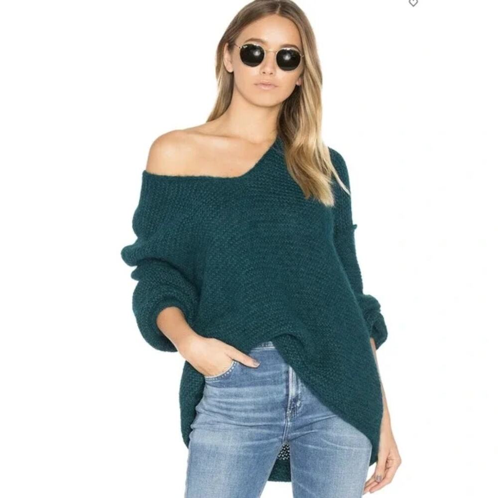 Free People All Mine Tunic Sweater Teal Green Alpaca Blend V-Neck Pullover Sz XS